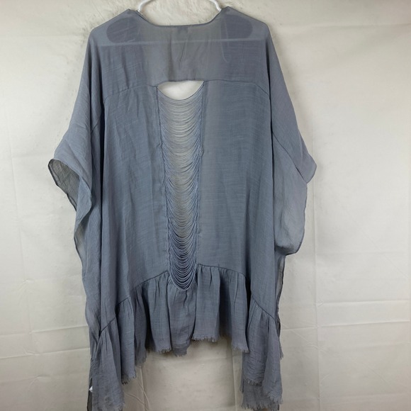 Umgee Kimono Wrap Womens S/M Blue Gray Fringe Back Ruffle Boho Festival Beach - Picture 6 of 7